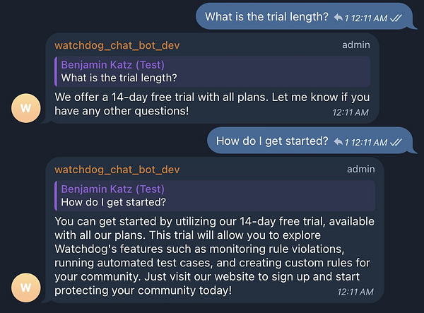 A chat interface displaying a conversation about a trial offer for a service.