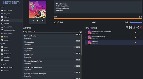 Screenshot of mStream web interface displaying a Kanye West song "Spaceship" by Kanye West featuring GLC and Consequence from the album "The College Dropout".