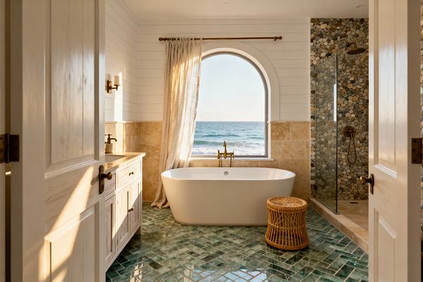 Coastal bathroom with a freestanding white tub set under a large arched window overlooking the ocean. The floor features glazed sea-glass green tiles in a herringbone pattern. Walls combine white shiplap with sandy travertine wainscot. At right, a frameless glass shower has pebble mosaic tile and brass fixtures. A light wood vanity with brass hardware sits left, with candle-style sconces, a linen curtain, and a small woven rattan stool.