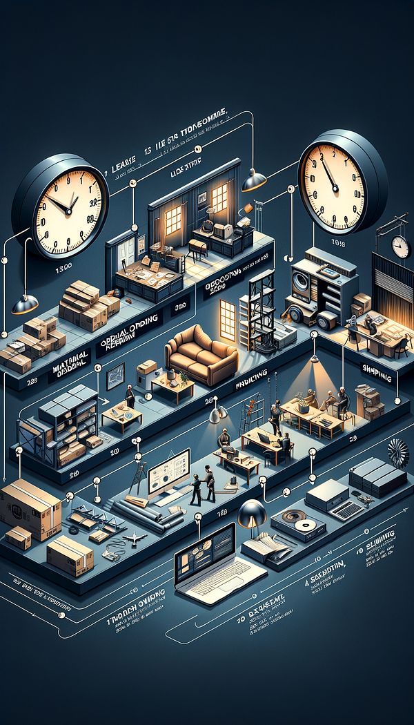 A timeline graphic showing the various stages of an interior design project, including ordering, production, shipping, and installation, with emphasis on the lead times for each stage.