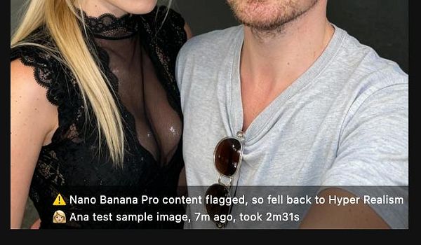 A selfie featuring two individuals, a man and a woman, with a notification about a content flagging issue.