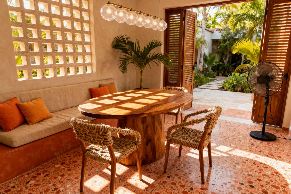 Room AI – Tropical Dining with Breeze Blocks and Terrazzo - Interior