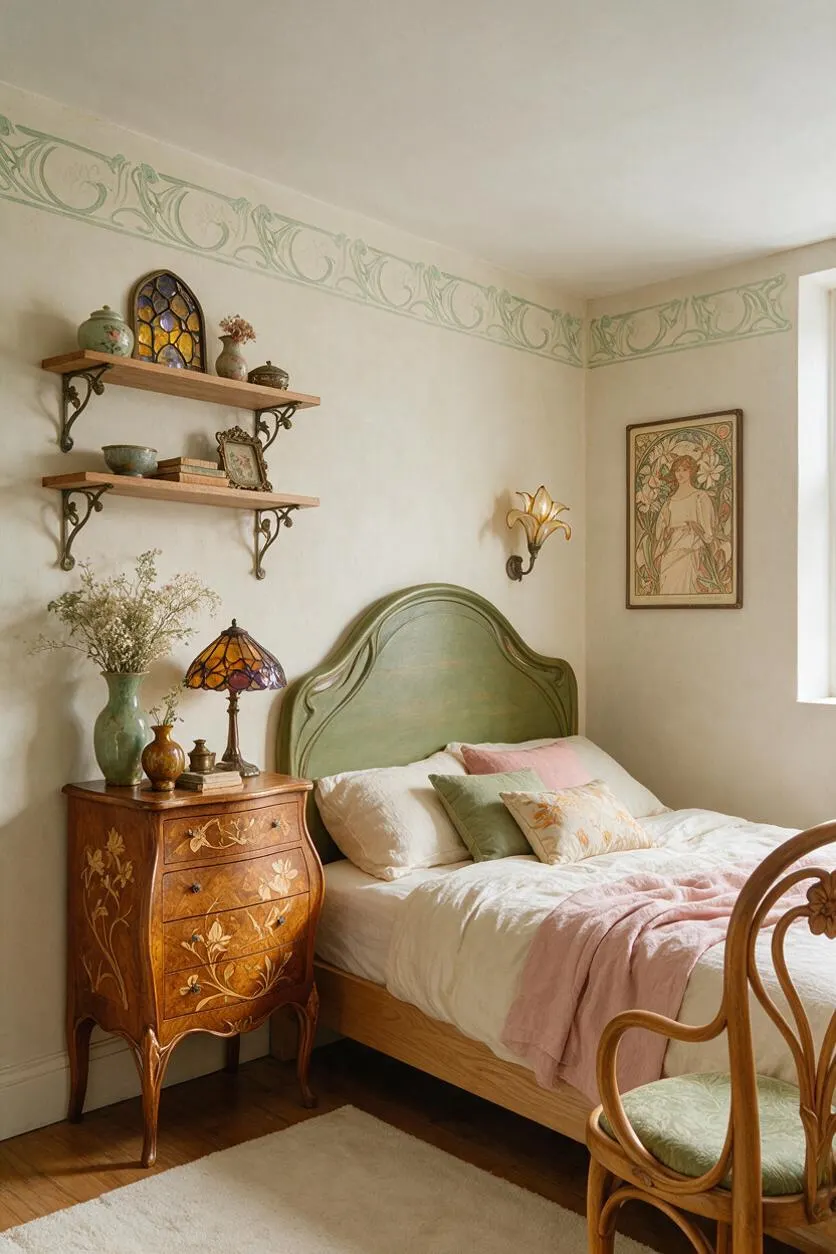 A cozy Art Nouveau bedroom with a curved green headboard, carved wooden nightstand with floral inlay, and a bentwood chair with a pale green cushion. Cream walls feature a delicate pale green border, with floating shelves, stained-glass accents, and warm natural light from a window.
