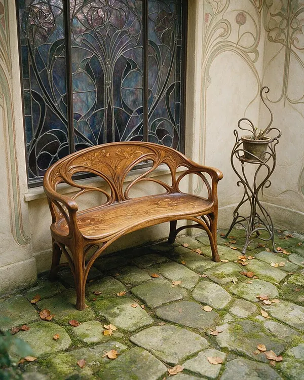 An Art Nouveau courtyard corner with a carved wooden bench beneath a decorative stained-glass window. The pale stucco wall features flowing floral linework, and a wrought-iron plant stand sits beside mossy stone paving scattered with fallen leaves.