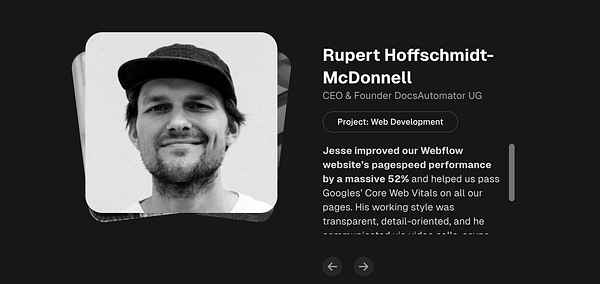 A testimonial card featuring Rupert Hoffschmidt-McDonnell, highlighting his role and a positive review of his work.