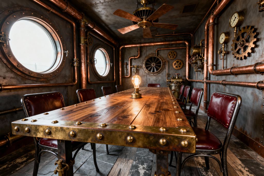 A long riveted wooden dining table stretches through a submarine-like dining room with round porthole windows, dark patinated metal walls, and extensive exposed copper piping. Oxblood leather chairs with blackened steel frames line the table, where a single Edison bulb lamp glows beneath a brass ceiling fan; wall gauges, cog wheels, and a turbine detail heighten the industrial steampunk mood over a weathered plank floor.