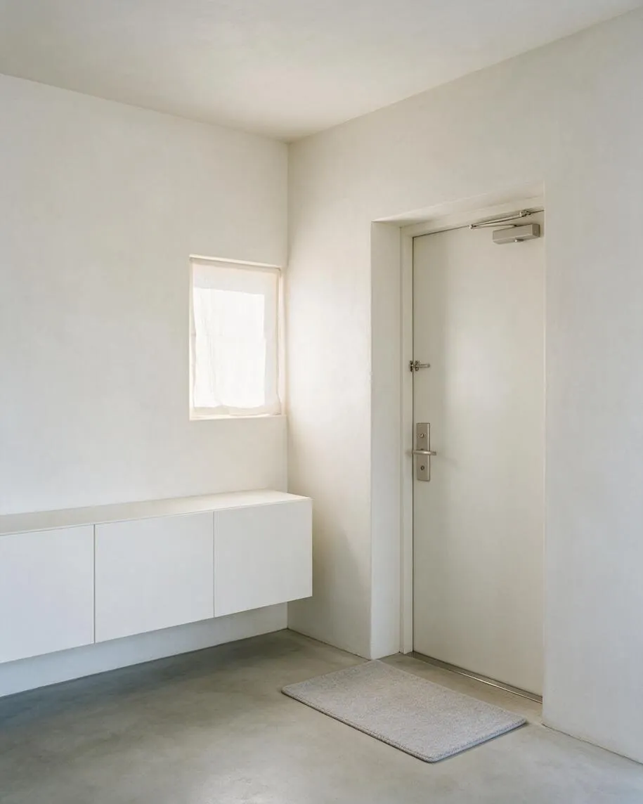 A bright minimalist entryway with smooth white walls, a plain white door with silver hardware, a small rectangular window with sheer covering, and a long floating white storage cabinet along the left wall. The concrete floor is bare except for a small light gray doormat near the door, creating a calm, uncluttered look.