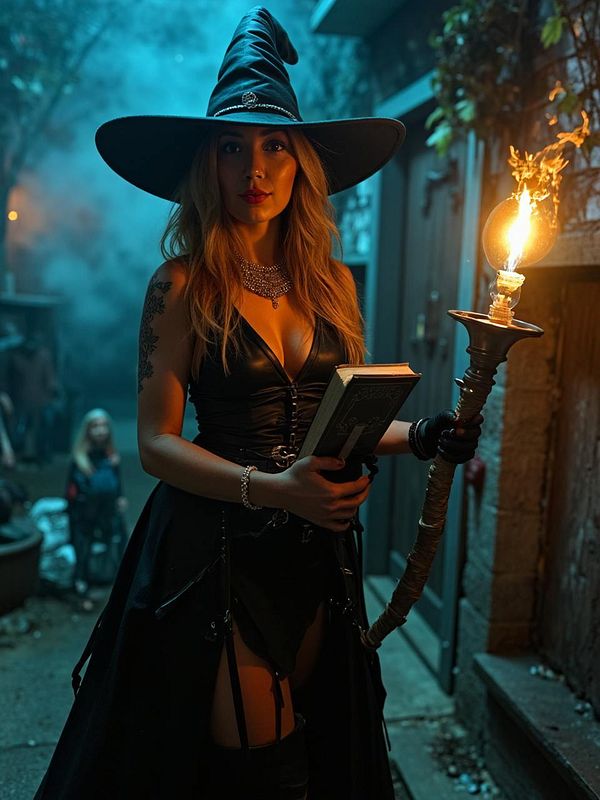 A woman dressed as a witch stands in a dimly lit alley, holding a glowing torch and a book.