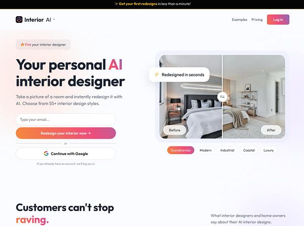Landing page of Interior AI presenting an AI-powered interior design tool with a before-and-after room redesign showcasing the Scandinavian style and options to sign up or log in.