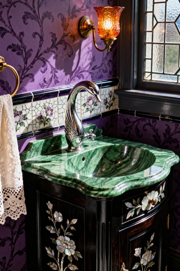 A richly detailed Victorian bathroom corner features an emerald-green marble sink set into a dark, inlaid vanity with a swan-shaped metal faucet, backed by crackle-glazed floral tiles and deep purple damask walls trimmed in glossy black. Warm light from a brass sconce with an amber glass shade glows beside a leaded window, while a white lace towel hangs from a brass ring.
