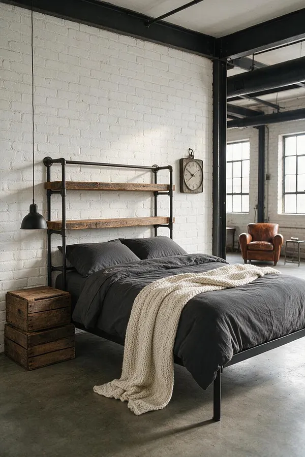 A spacious industrial-style guest bedroom with a black metal bed frame topped by rustic wooden shelves, dark bedding, and a chunky cream knit throw. White painted brick walls, exposed black beams, and large factory windows create a bright loft atmosphere, with a leather armchair and wooden crate nightstand adding warmth and character.
