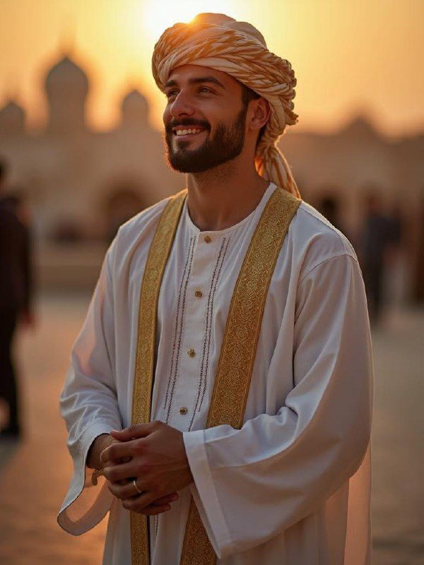 A smiling man in traditional attire stands against a sunset backdrop.