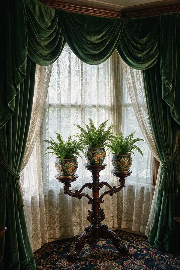 A Victorian-style window vignette features dark green velvet drapes gathered into soft swags around a lace-curtained window. In front sits a carved dark wood plant stand holding three ornate ceramic pots with lush fern plants, above a richly patterned floral rug.