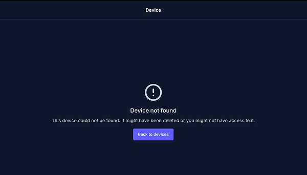 The image displays a 'Device not found' error page in a user interface.