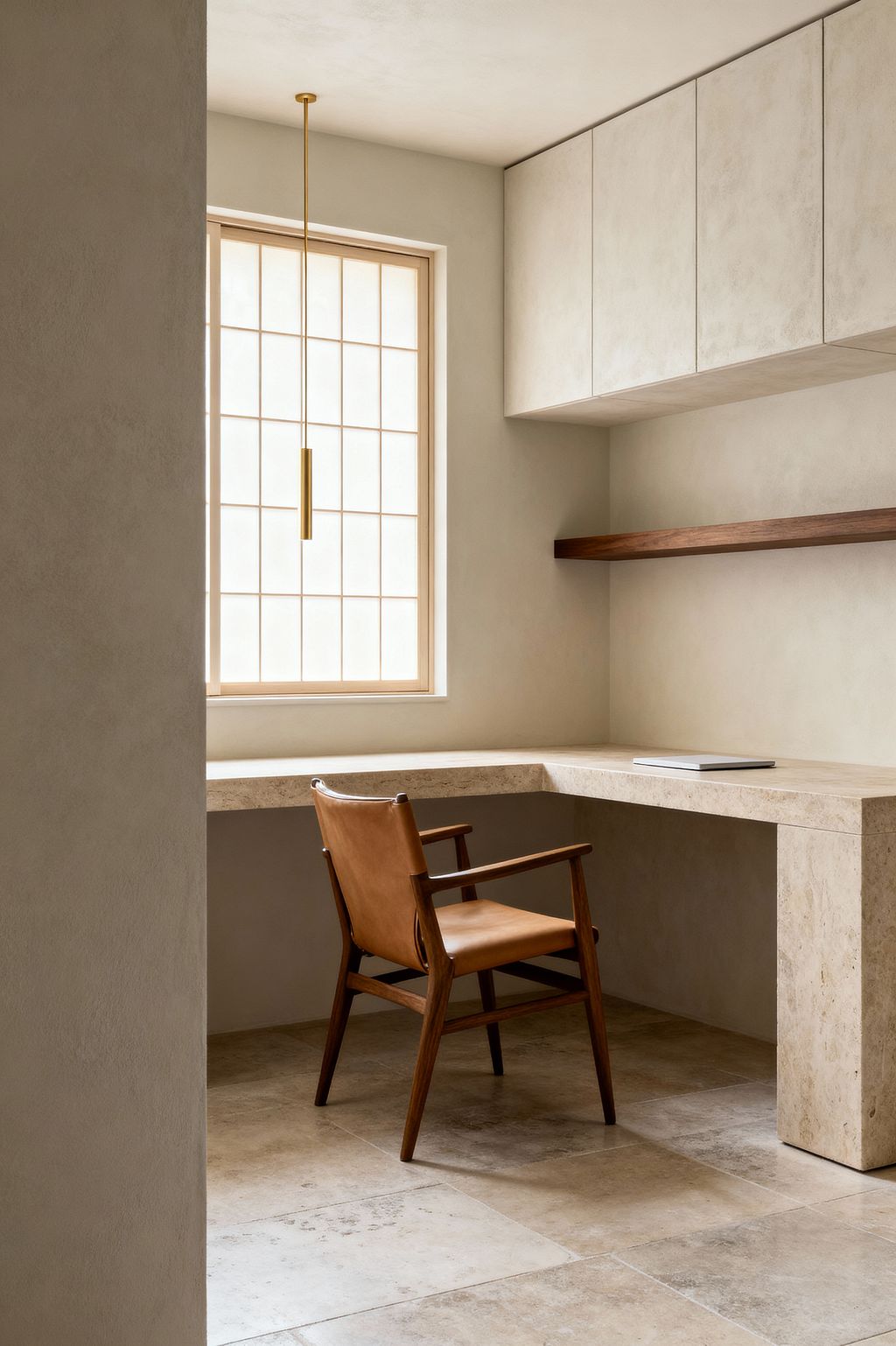 A minimalist home office features an L-shaped travertine desk with a waterfall leg and large-format stone tile flooring. A shoji-style window filters soft light onto plaster-finish walls, a slim brushed-brass pendant, handleless upper cabinets, and a walnut floating shelf; a mid-century walnut chair with caramel leather seat sits at the desk beside a closed laptop, maintaining a calm neutral palette.