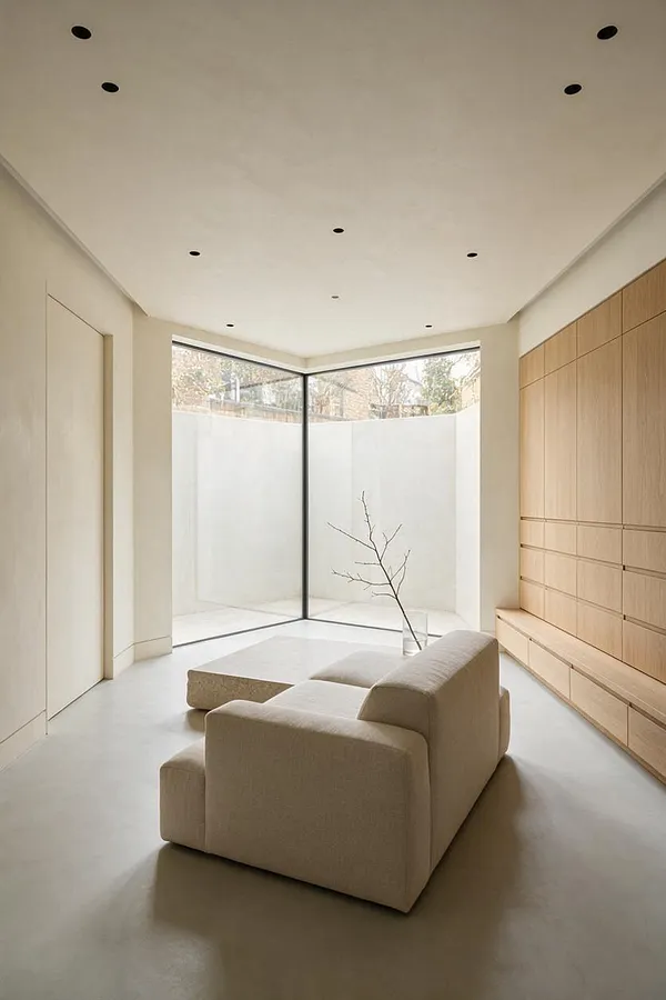 A bright minimalist sunroom with a cream upholstered sofa, a low stone coffee table, and a slender branch in a clear vase near floor-to-ceiling corner windows. Light wood built-in cabinetry lines one wall, while smooth white walls and a pale floor create a calm, airy atmosphere.