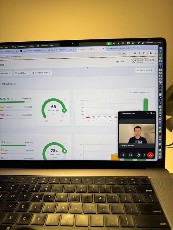 The image displays a computer screen showing a customer experience dashboard alongside a video call interface.