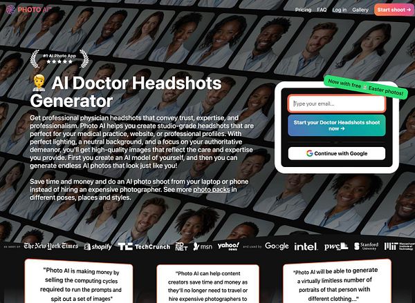 The image promotes an AI tool for generating professional doctor headshots.