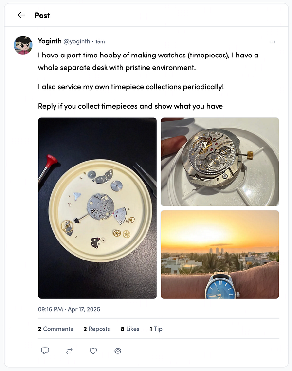 The image features a social media post about watchmaking, showcasing various watch components and a finished timepiece.