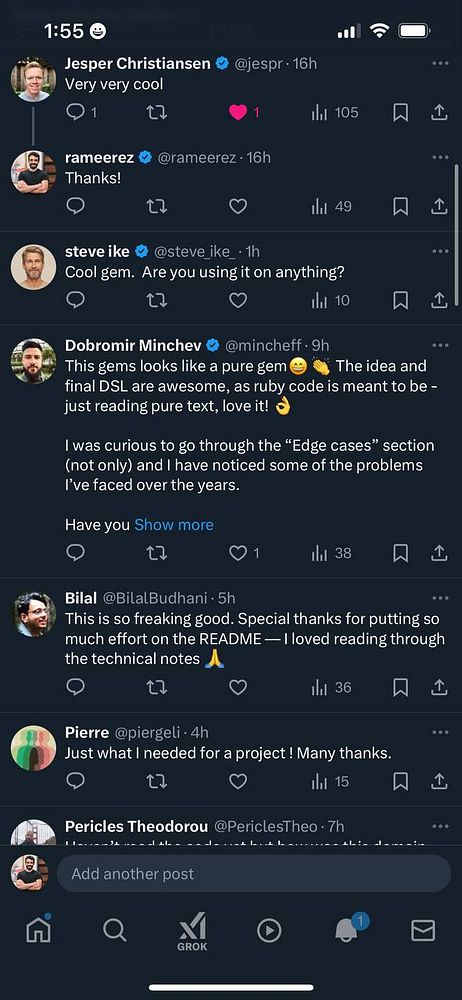 A Twitter thread discussing a new Ruby gem and its features.