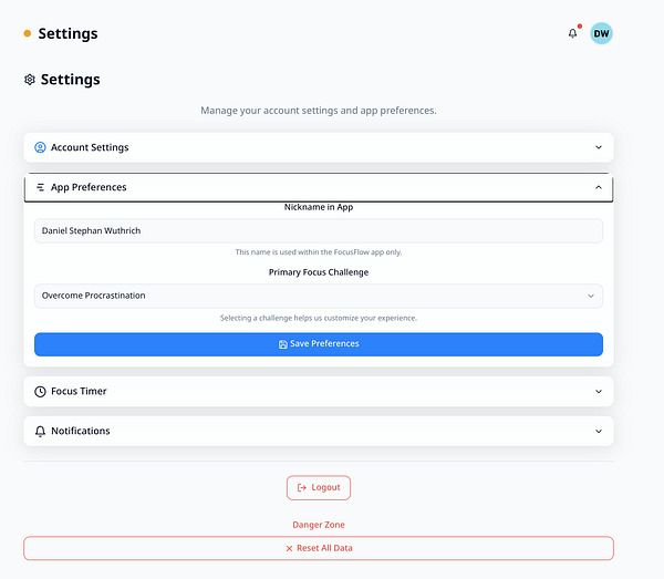 The image displays a settings interface for an app called FocusFlow, focusing on account and app preferences.