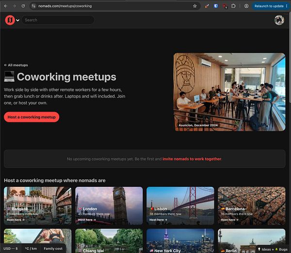 A website page for coworking meetups with information and images for hosting and joining meetups in various global cities.