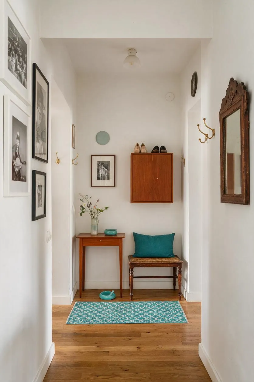 A narrow eclectic entryway with white walls, hardwood floors, and a mix of vintage and modern decor. The space includes framed black-and-white artwork, brass wall hooks, a carved wood mirror, a small wooden table with flowers, a woven bench with a teal cushion, a wall cabinet, and a turquoise patterned rug.