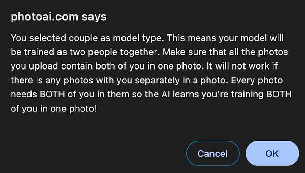 A popup message from photoai.com providing instructions for training an AI model with couple photos.