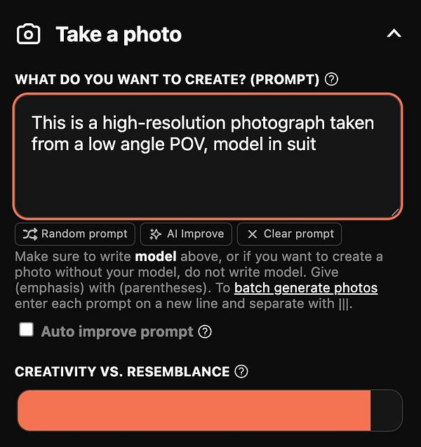 The image displays a user interface for a photo creation tool with a prompt input section.