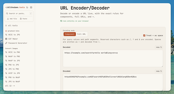 User interface of a URL Encoder/Decoder tool integrated in a multi-tool application called allthedamn.tools.
