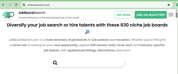 The image displays a webpage for JobBoardSearch, a directory of job boards.
