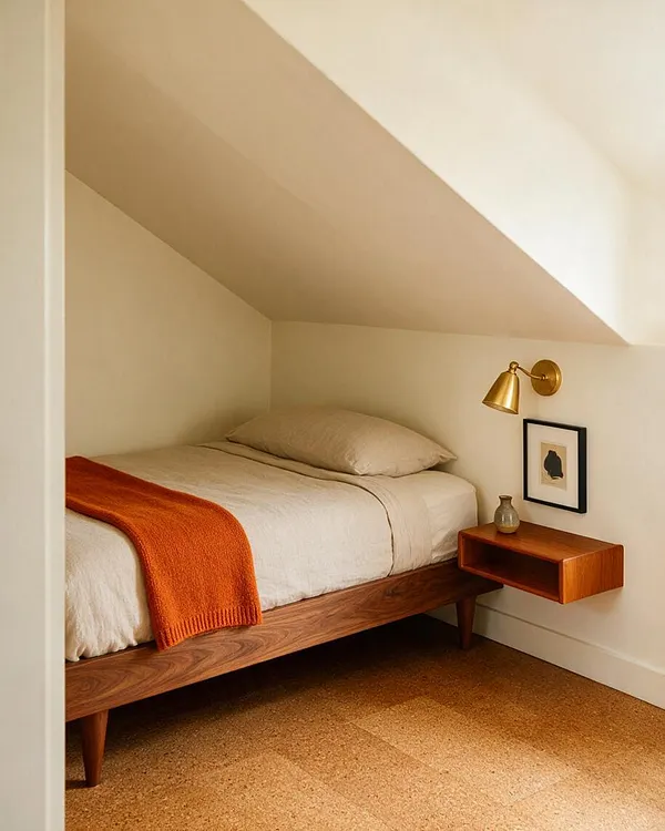 A small guest bedroom with a low walnut platform bed tucked beneath a sloped ceiling. Cream bedding, an orange throw, a brass wall sconce, and a floating wood nightstand create a warm mid-century modern look.