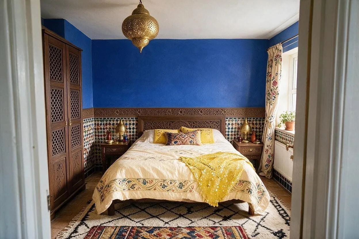 The same Moroccan bedroom in the Majorelle palette: majorelle blue, cream, lemon, dark cedar, and brass