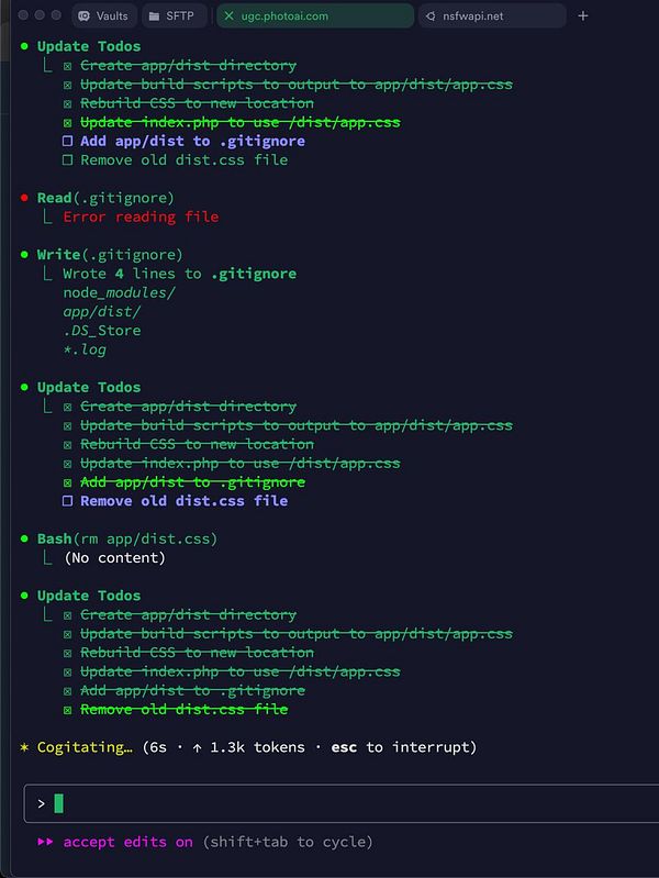 The image displays a terminal interface showing a list of tasks related to installing Tailwind CLI and managing files.