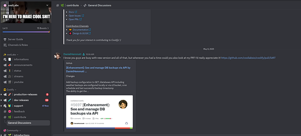 A Discord conversation discussing a pull request related to a project called Coolify.
