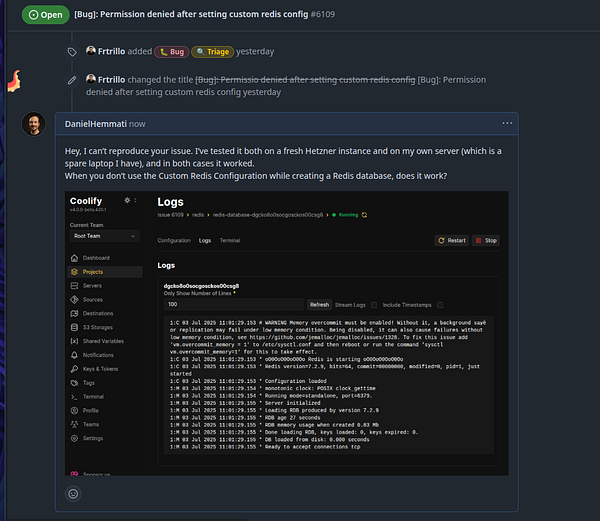 The image displays a screenshot of a Coolify interface showing logs related to a Redis database issue.