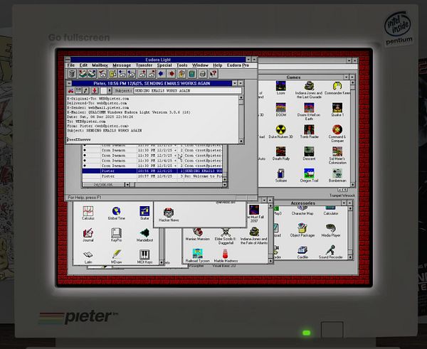 The image displays a vintage computer interface running Eudora Light email client with various applications and games visible.