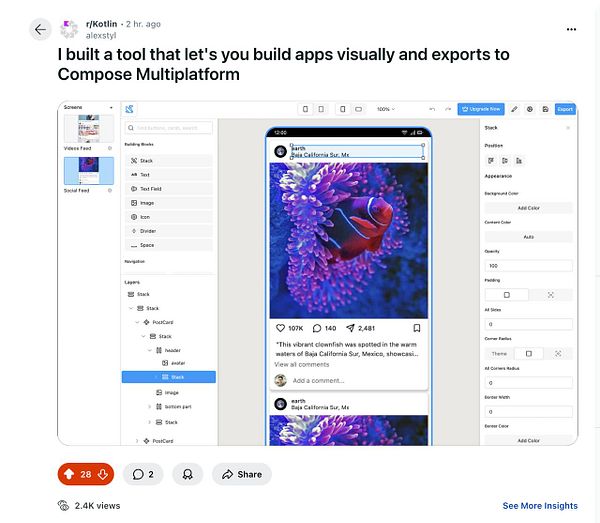 A screenshot of a tool interface for building apps visually, showcasing a social media post about a clownfish.