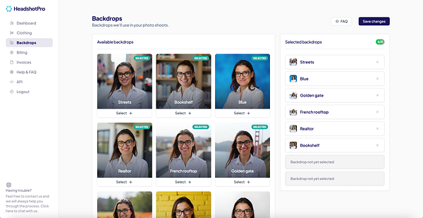 The image displays a user interface for selecting backdrops in a photo shoot application.