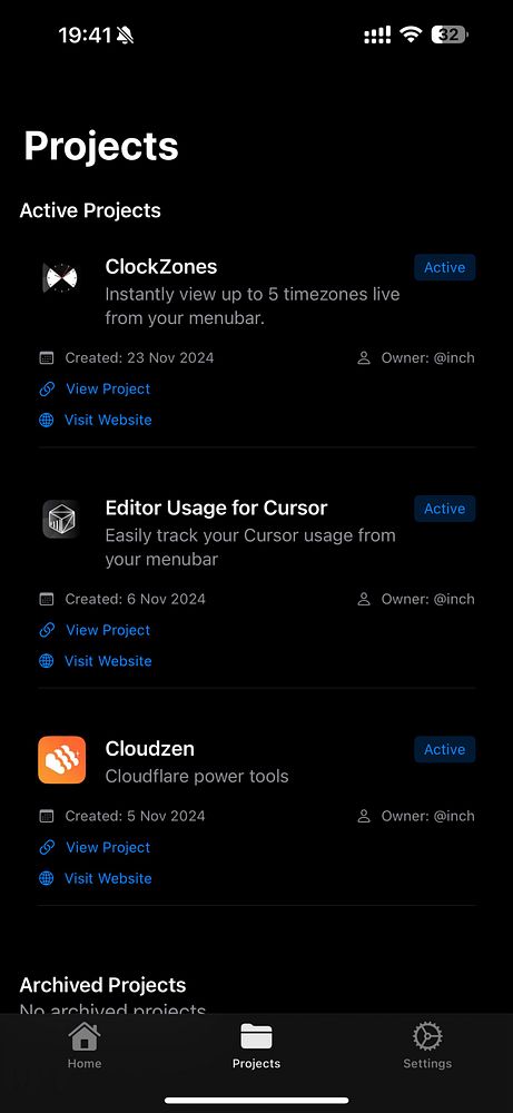 The image displays a mobile app interface showing active projects.