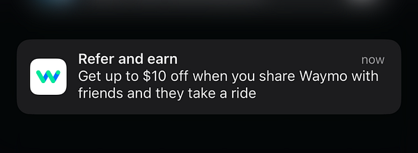 Screenshot of Waymo referral program webpage featuring a $500 USD credit offer and referral code.