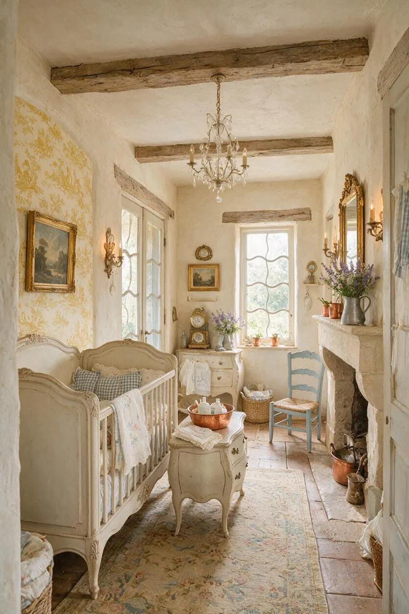 A narrow French Country nursery with a distressed cream crib, carved wood details, and soft floral textiles. The room features exposed ceiling beams, a crystal chandelier, antique-style furniture, a pale blue chair, a fireplace, and warm neutral walls with delicate yellow wallpaper accents.