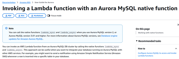 Diagram showing Aurora MySQL invoking AWS Lambda function using native integration with Lambda code in Python.