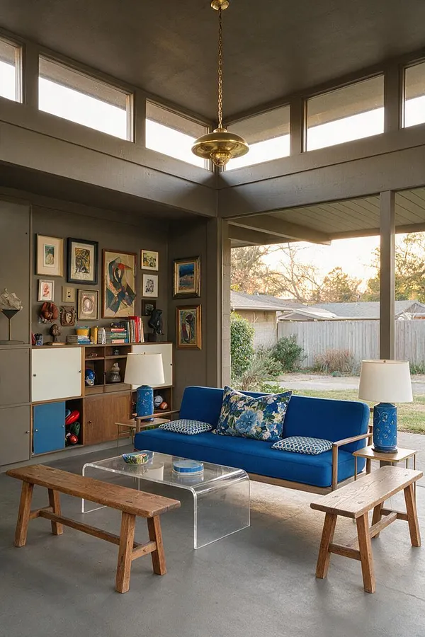 A covered eclectic patio with a vivid blue sofa, patterned throw pillows, and a clear acrylic coffee table centered on a concrete floor. The space includes a gallery wall of framed art, built-in storage cabinets, two blue ceramic table lamps, rustic wooden benches, and high clerestory windows with a brass pendant light overhead.