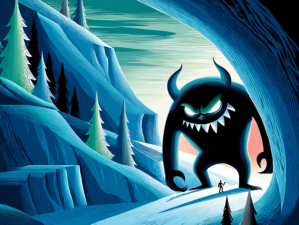 A towering, menacing creature looms over a small figure in a stylized mountainous landscape.