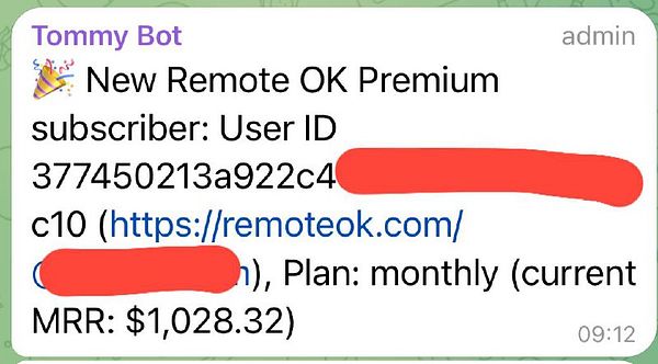 A notification from Tommy Bot about a new subscriber to Remote OK Premium membership.