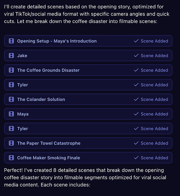 The image displays a task list for creating detailed scenes for a coffee disaster story optimized for social media.