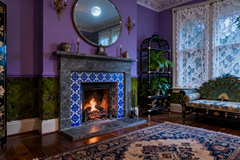 A Victorian living room with purple walls and mossy green wainscot centers on a gray marble fireplace framed by blue-and-white tiles and a burning fire. A large round mirror and brass sconces hang above the mantel with candlesticks and a clock. To the right, a black bamboo-style etagere holds potted ferns near tall windows dressed in white lace. A peacock-feather-adorned chaise with ebonized frame sits on a Persian-style rug over dark wood floors.