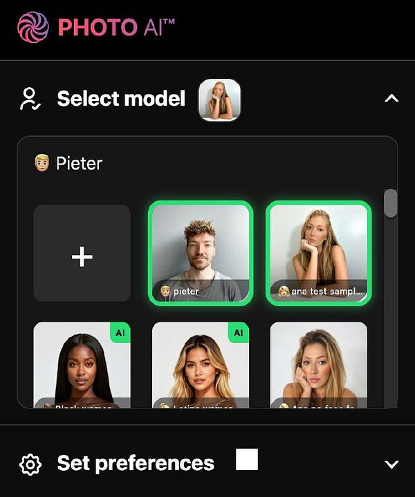 The image displays a user interface for selecting models in a photo AI application.