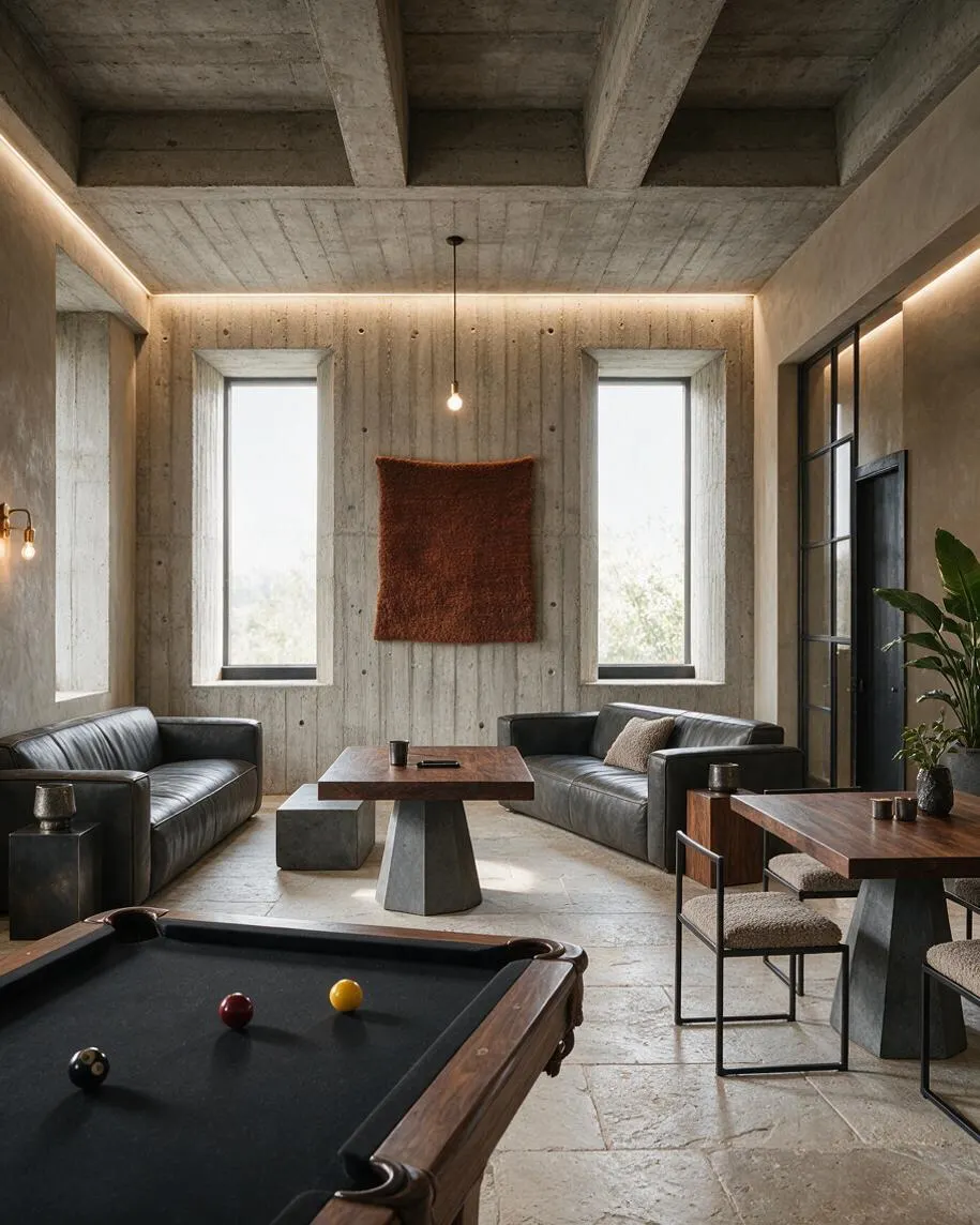 A Brutalist-style game room with exposed concrete walls and ceiling beams, two black leather sofas, and a pool table in the foreground. The room includes wood-topped pedestal tables, slim metal-framed chairs, tall narrow windows, warm strip lighting, and a textured wall hanging for a muted, masculine atmosphere.
